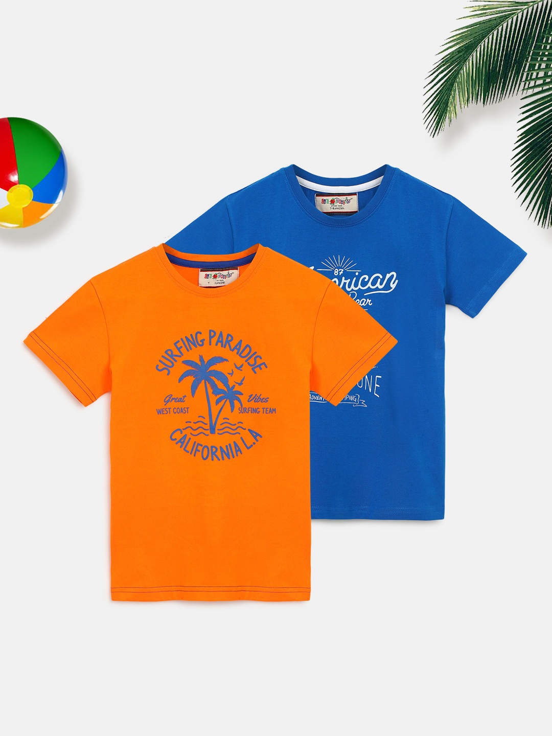 

Lil Tomatoes Boys Blue & Orange Pack Of 2 Typography Printed T-shirts