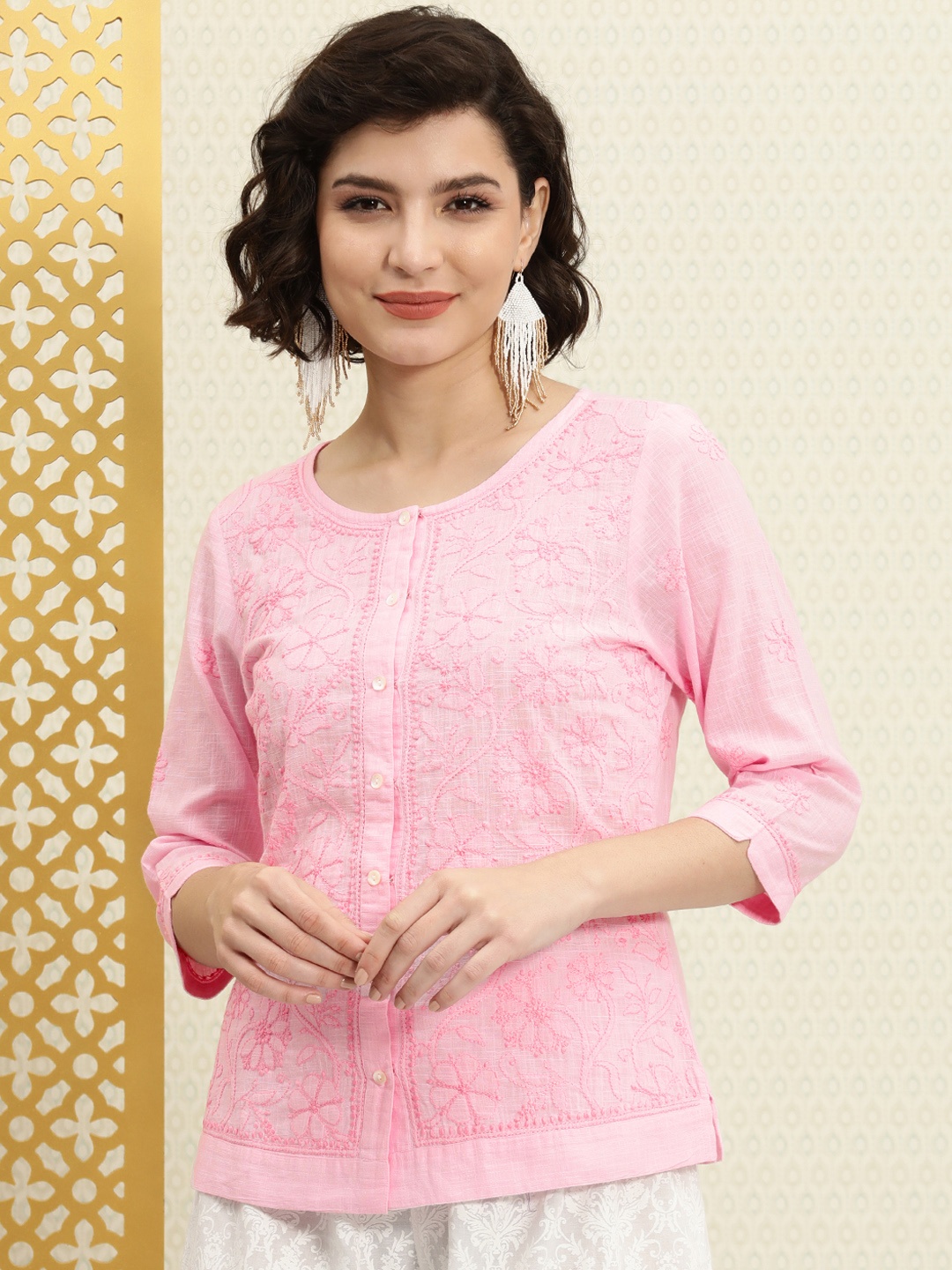 

House of Pataudi Pink Floral Chikankari Pure Cotton Rozana Top