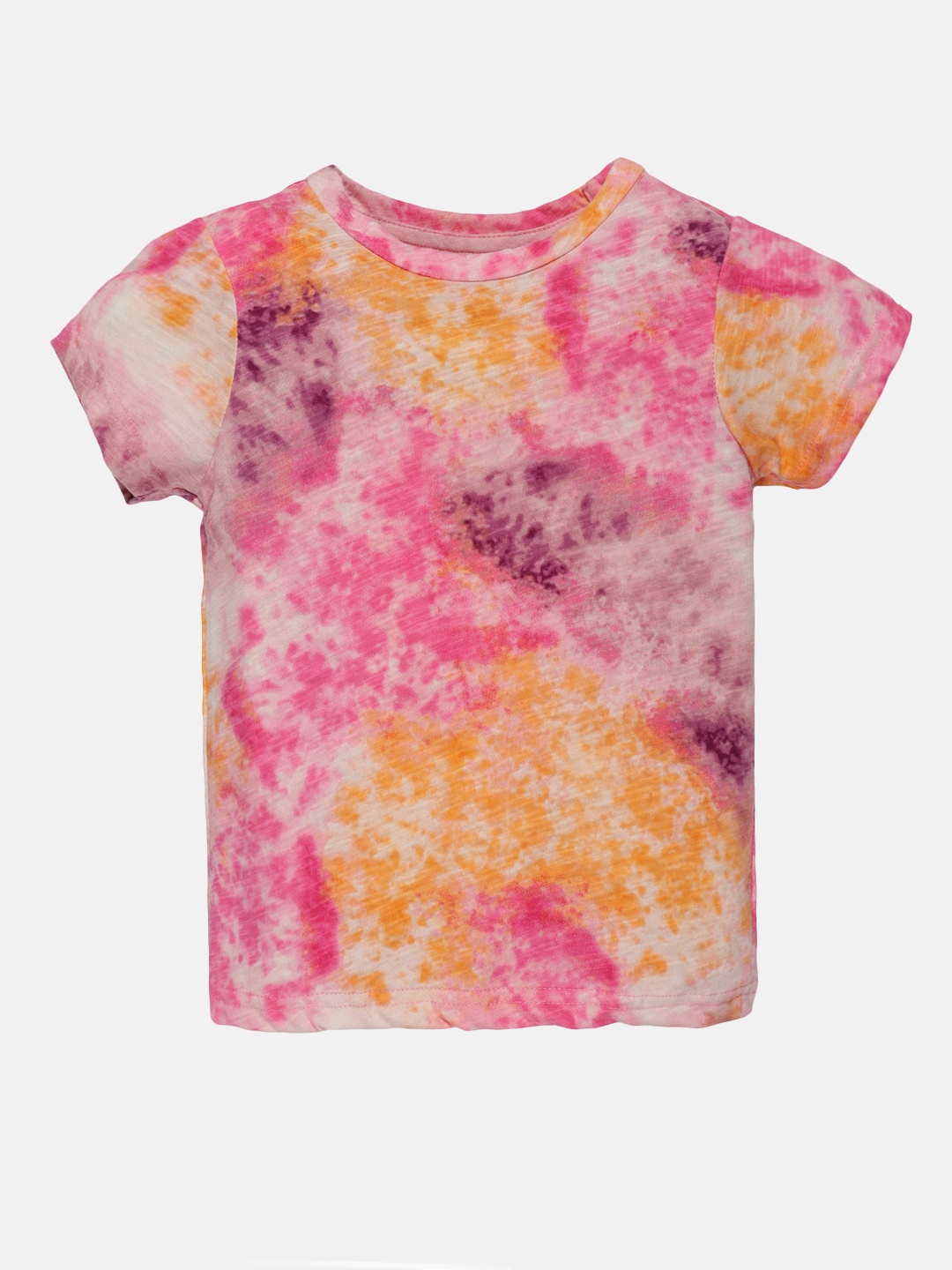 

KiddoPanti Girls White & Pink Tie and Dye Dyed Pure Cotton T-shirt