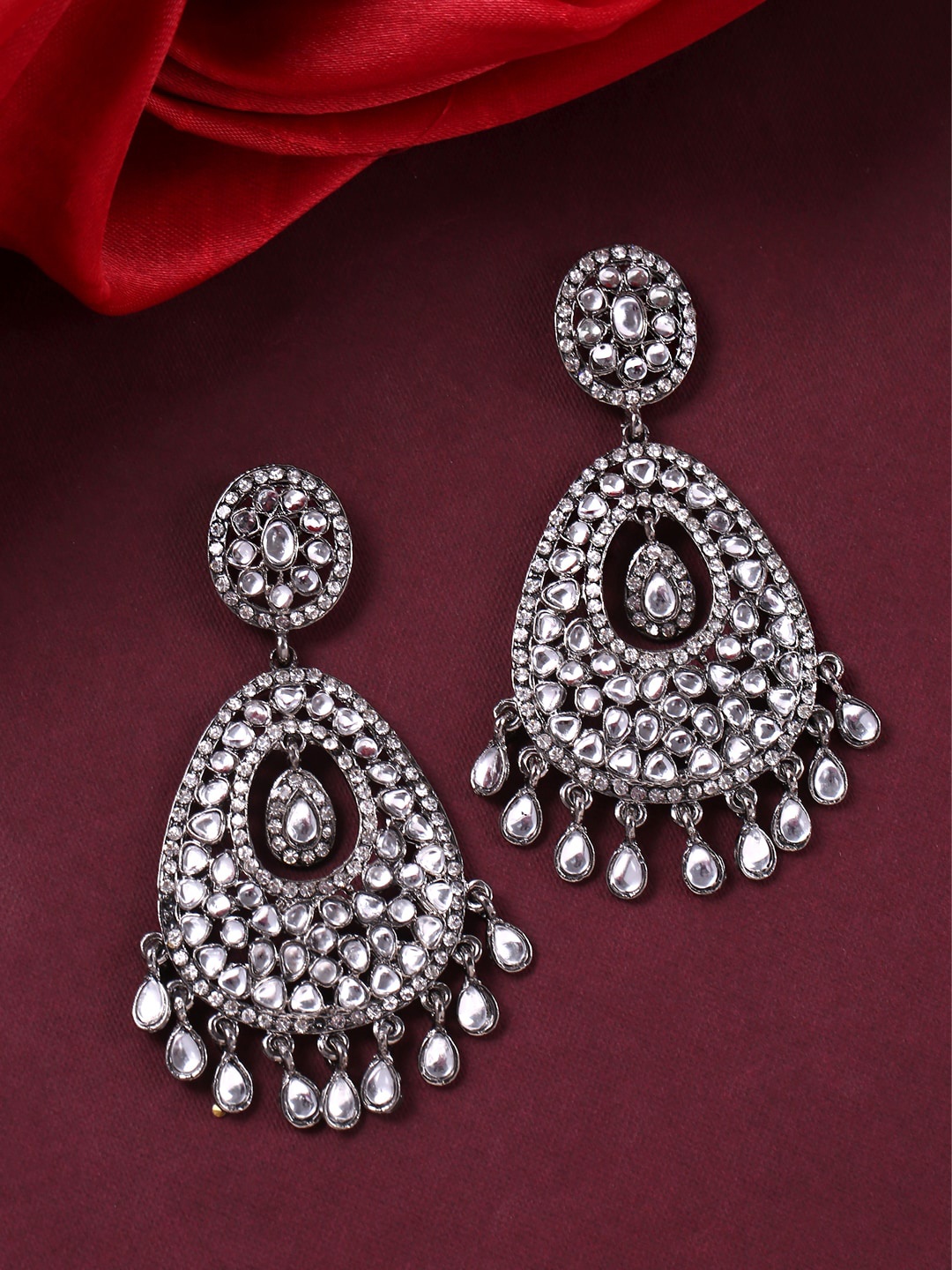 

Yellow Chimes Black & Silver-Plated Studded Kunda Dangler Earrings