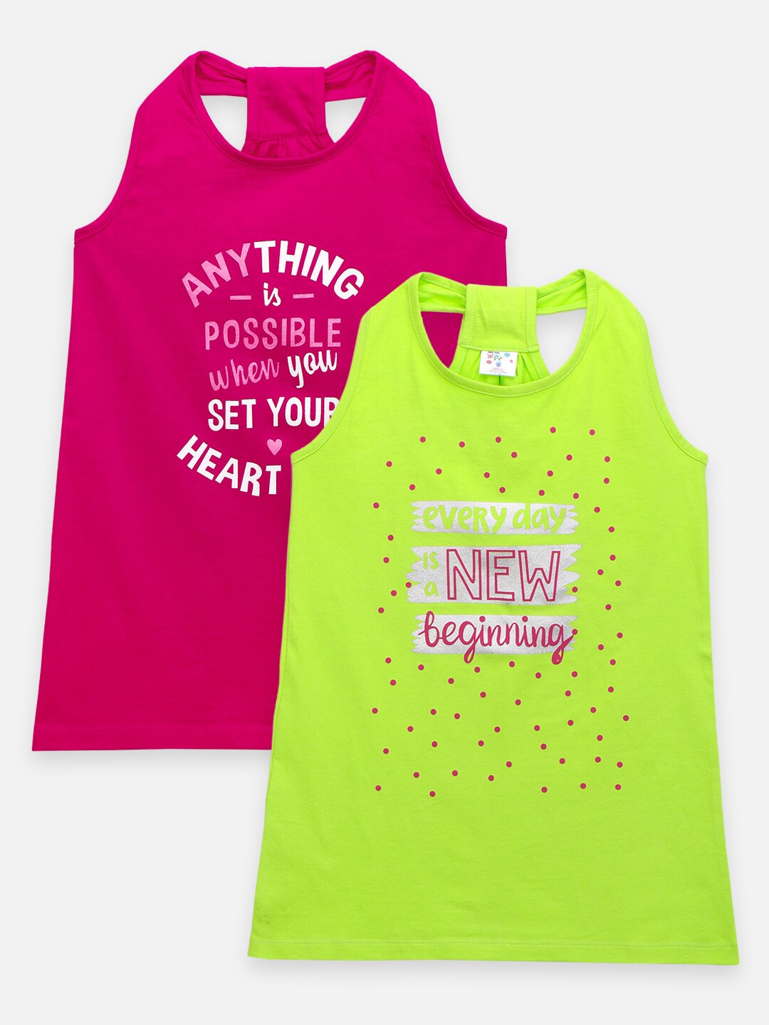 

LilPicks Girls Pack Of 2 Green & Pink Printed T-shirt Dress