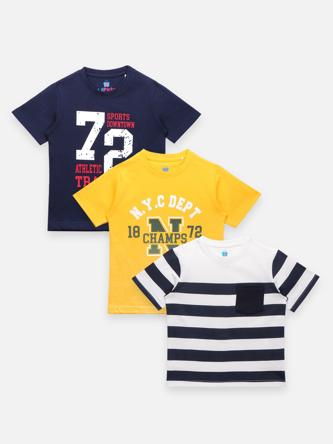 

LilPicks Boys Navy Blue & Yellow Typography Printed T-shirt Pack Of 3