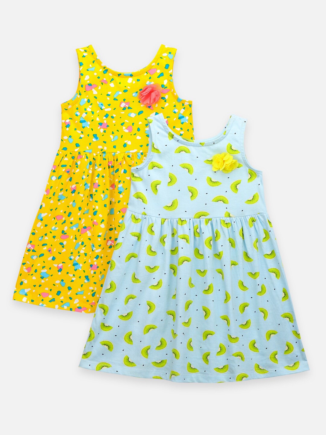 

LilPicks Pack of 2 Yellow & Sea Green A-Line Cotton Dress