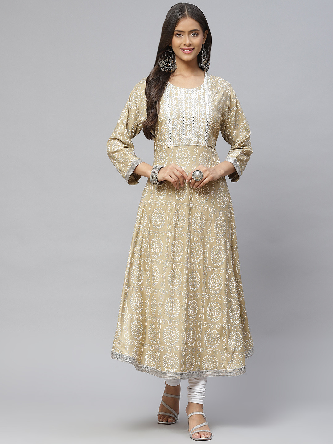 

Aarika Women Beige & White Ethnic Motifs Printed Mirror Work Anarkali Kurta