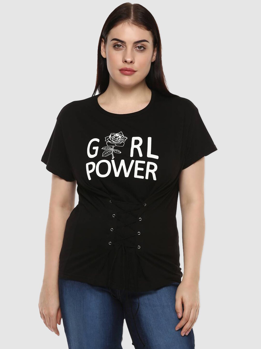 

LastInch Girl Power Women Black Typography Printed Cotton Tshirt