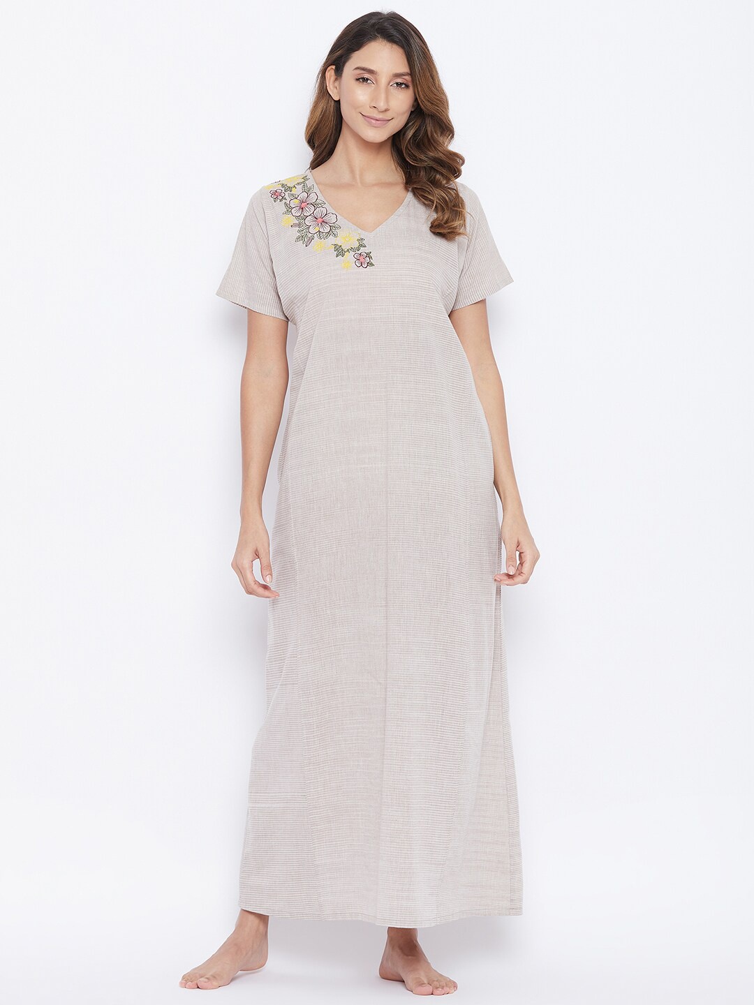 

The Kaftan Company Brown Embroidered Cotton Maxi Nightdress