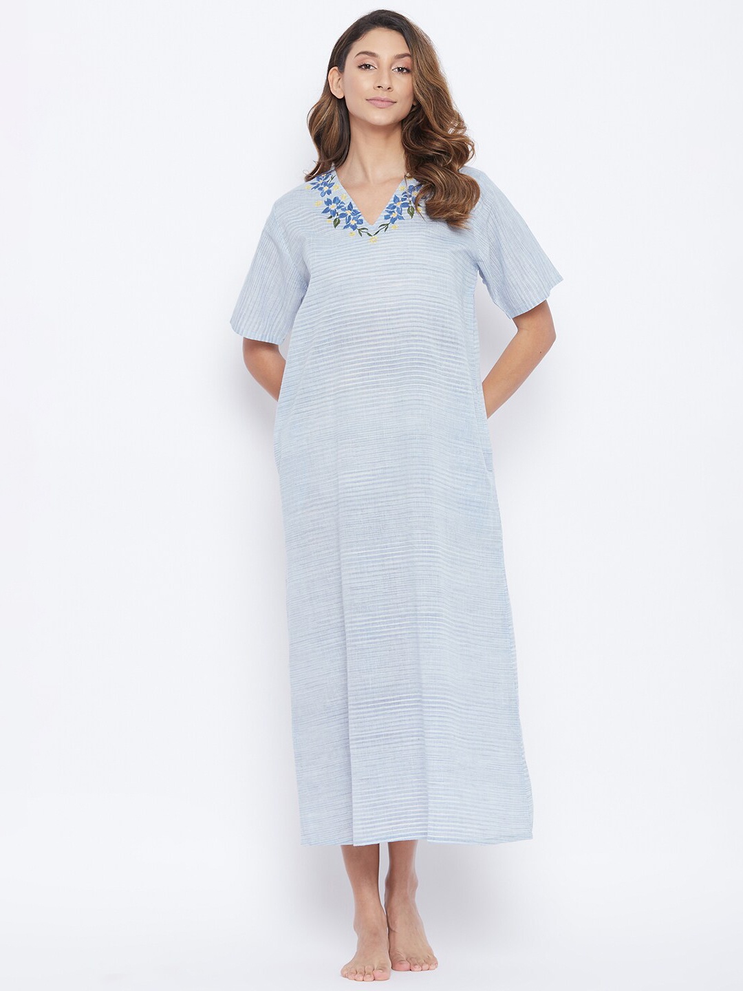 

The Kaftan Company Women Grey Embroidered Maxi Nightdress