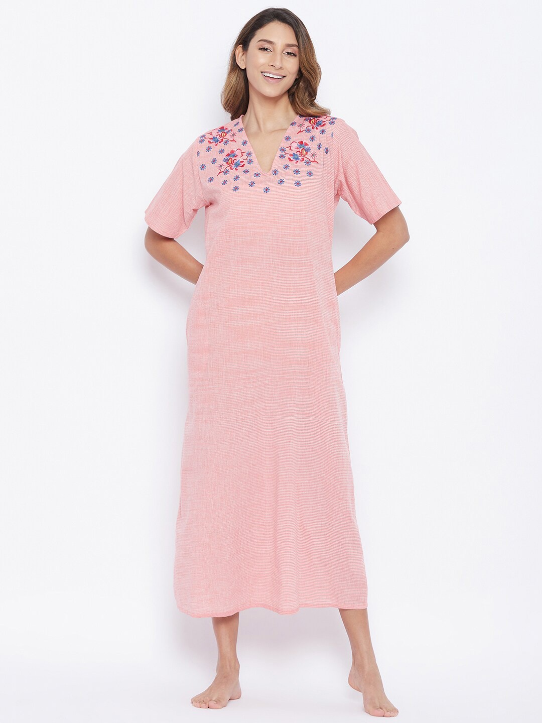

The Kaftan Company Women Pink Embroidered Cotton Maxi Nightdress