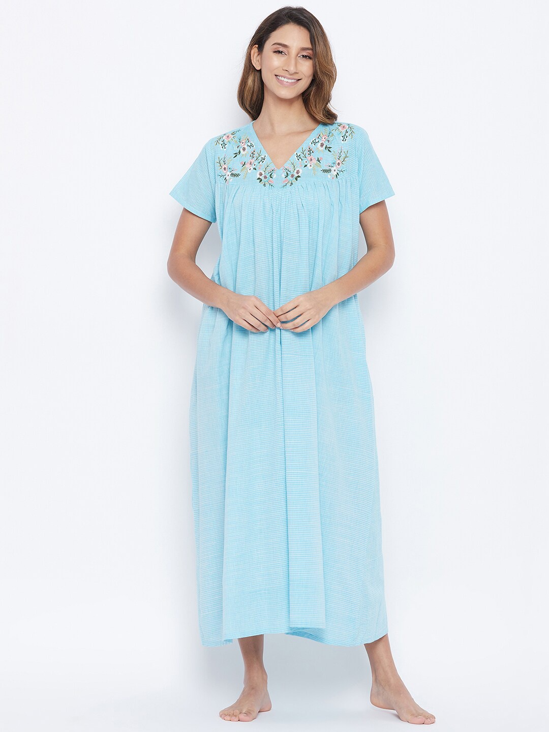

The Kaftan Company Turquoise Blue Embroidered Maxi Nightdress
