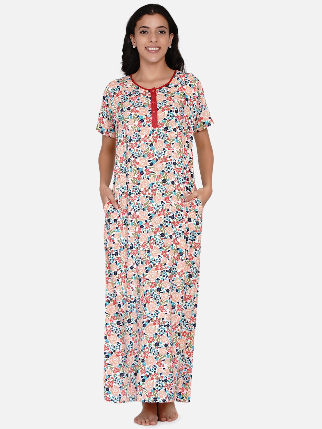 

The Kaftan Company Women Peach-Coloured Printed Maxi Nightdress