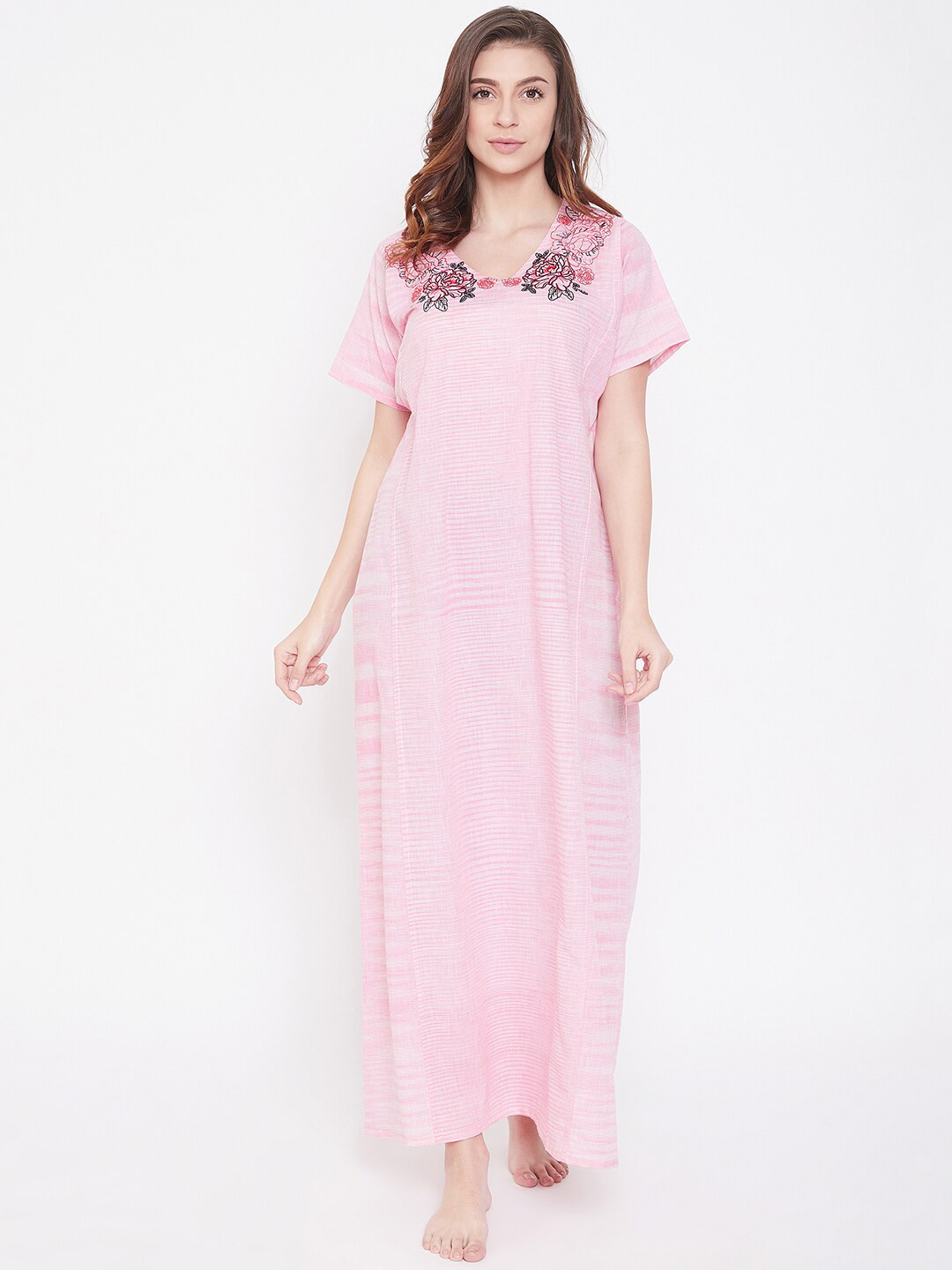

The Kaftan Company Pink Embroidered Cotton Maxi Nightdress
