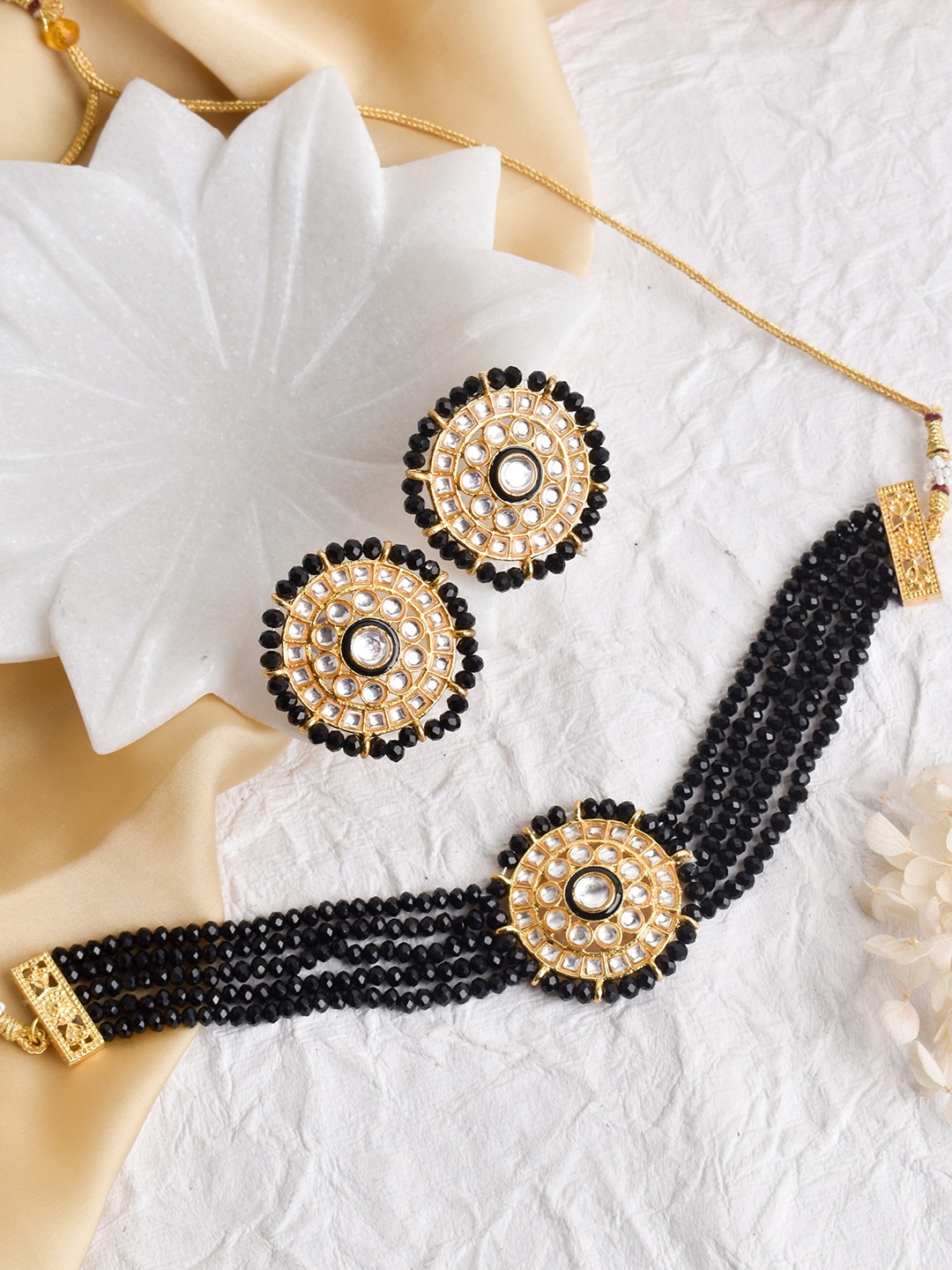 

TEEJH Gold-Plated & Black Beaded Jewellery Set