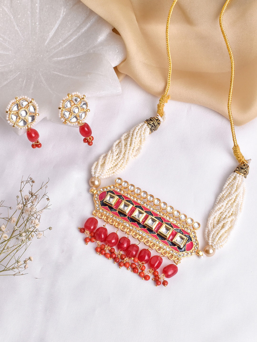 

TEEJH Gold-Plated White & Pink Stone-Studded & Pearl Beaded Jewellery Set