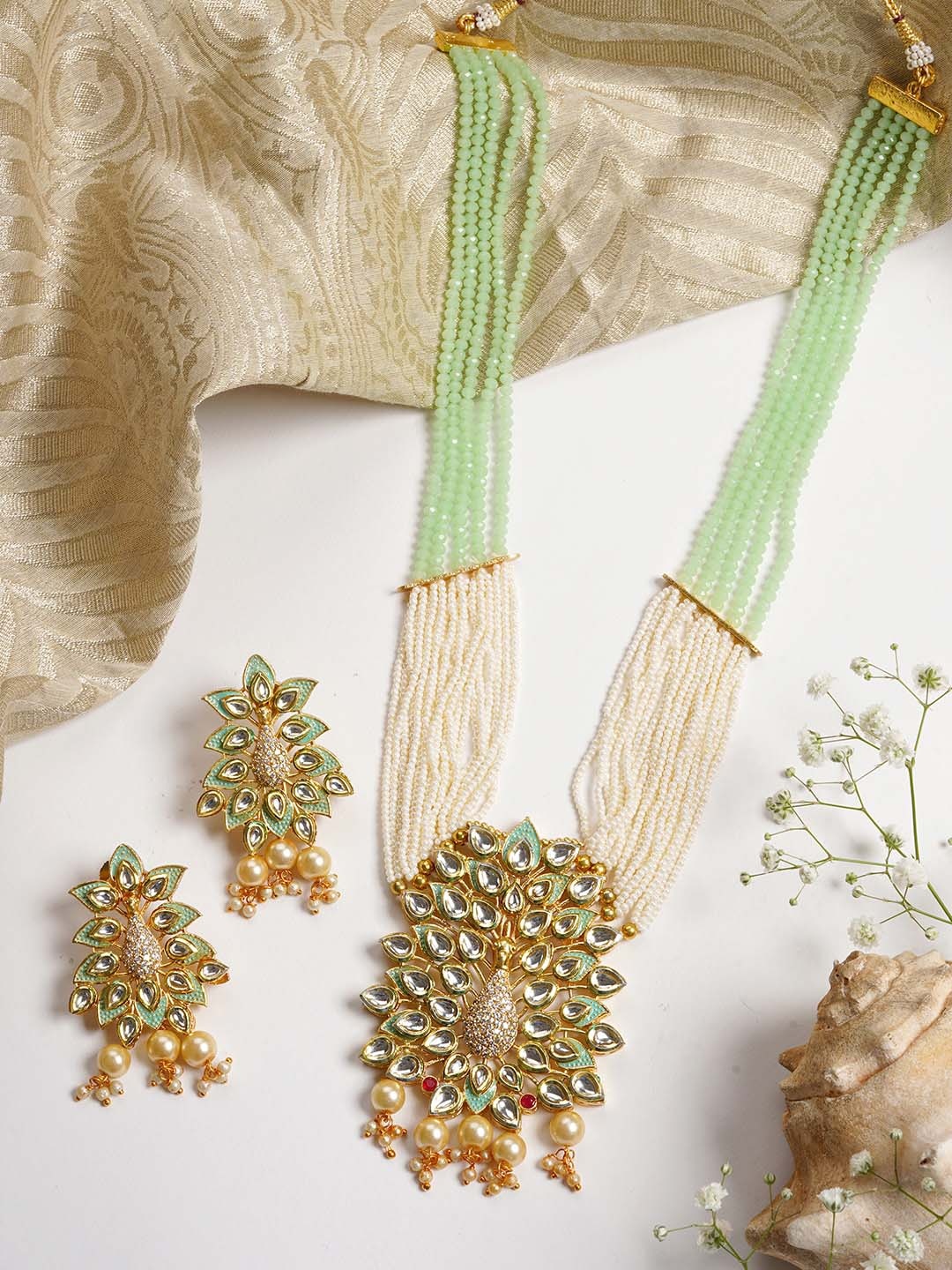 

TEEJH Gold-Plated Green & White Stone-Studded Jewellery Set