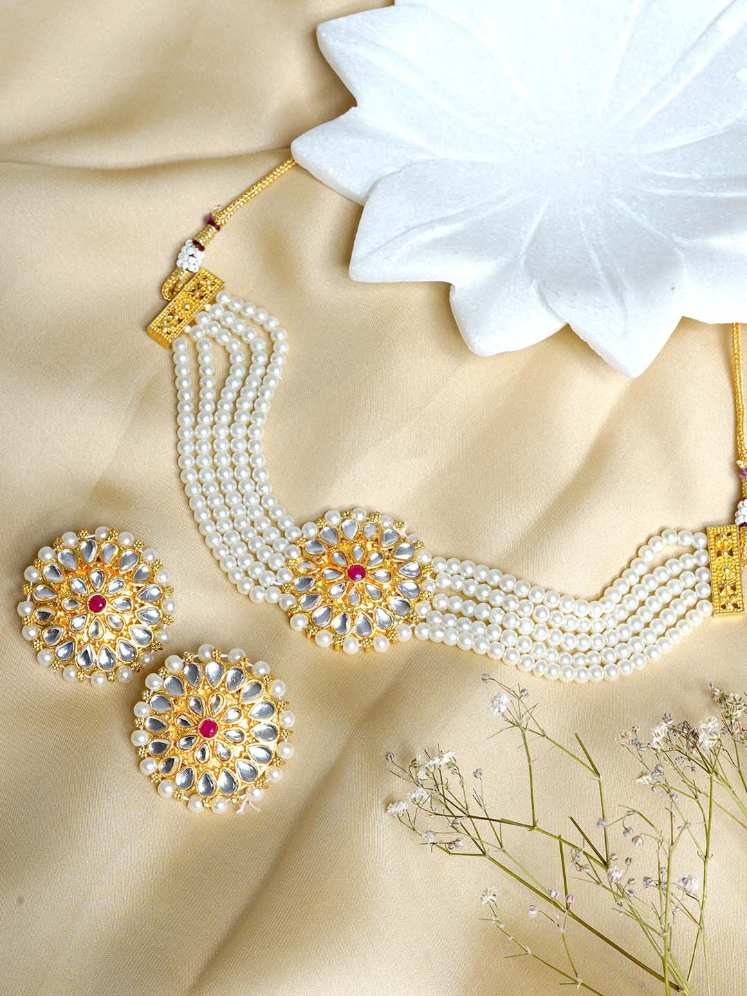 

TEEJH Gold-Plated & White Beaded Jewellery Set