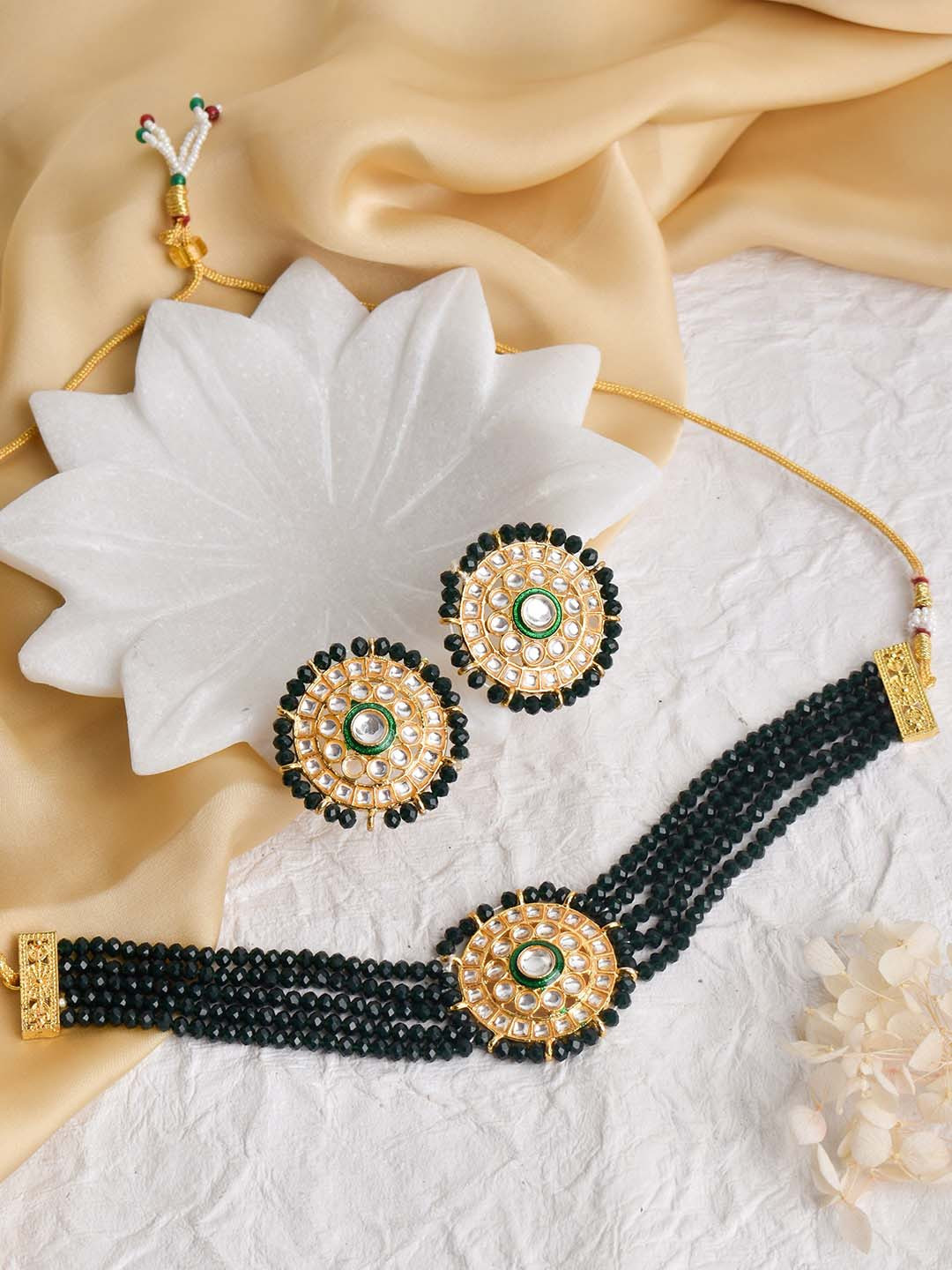 

TEEJH Gold-Plated Green & White Stone Studded & Beaded Jewellery Set