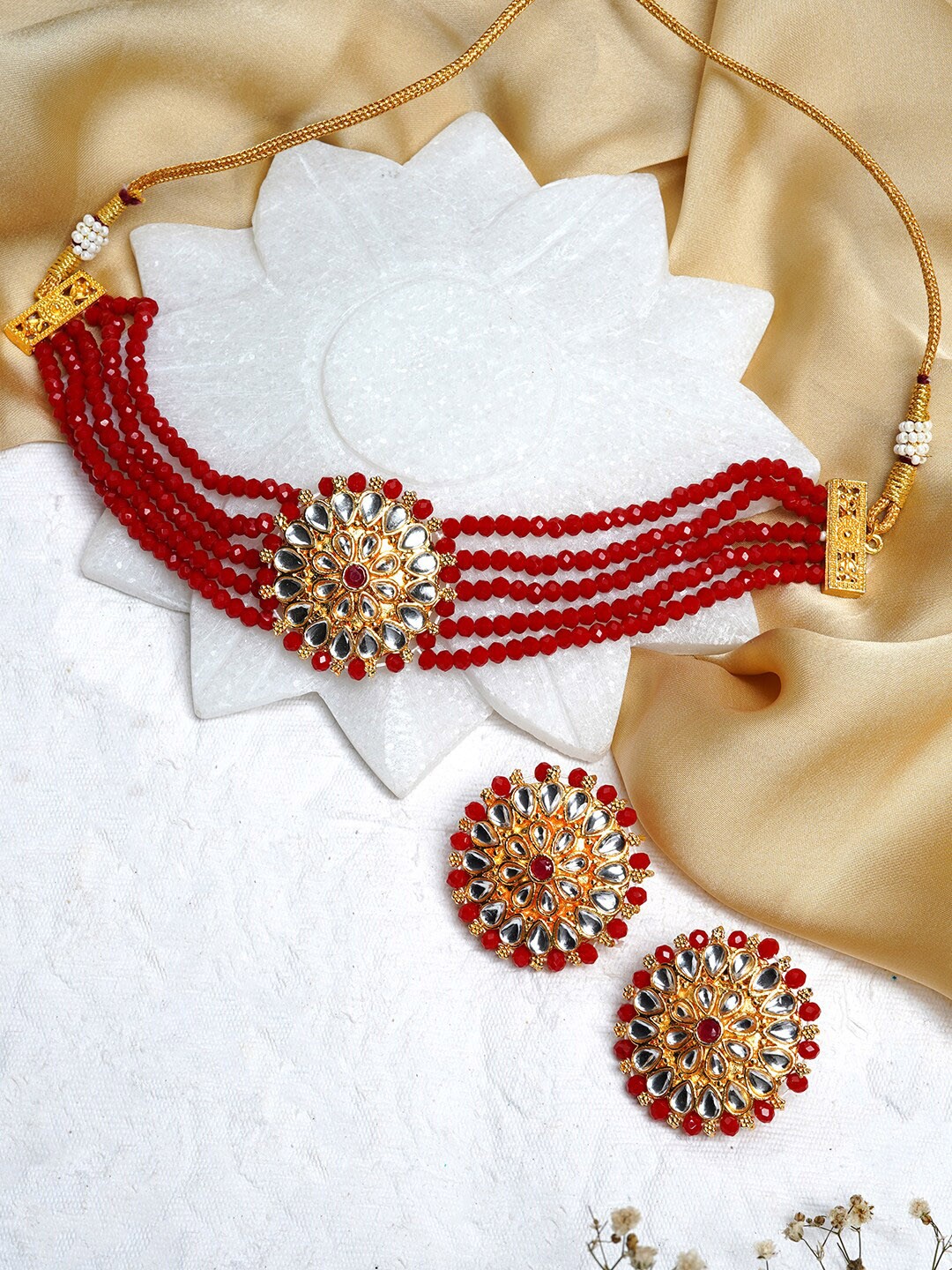 

TEEJH Gold-Plated Red & White Stone Studded & Beaded Jewellery Set