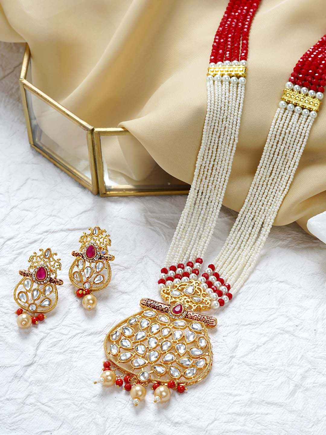 

TEEJH Gold-Plated White & Red Stone-Studded & Pearl Beaded Jewellery Set