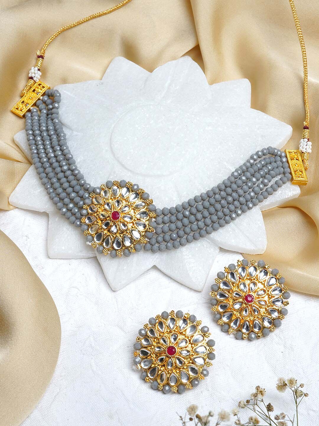 

TEEJH Gold-Plated & Grey Beaded Jewellery Set
