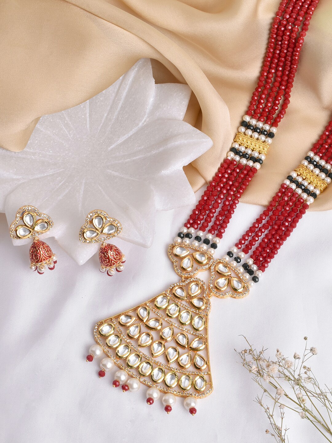 

TEEJH Gold-Plated & Red Stone Studded & Beaded Jewellery Set