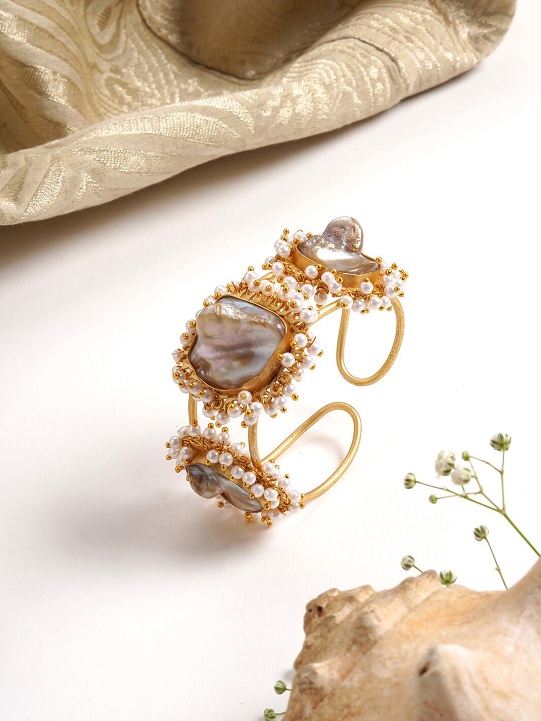 

TEEJH Women Gold-Toned & White Brass Cuff Bracelet