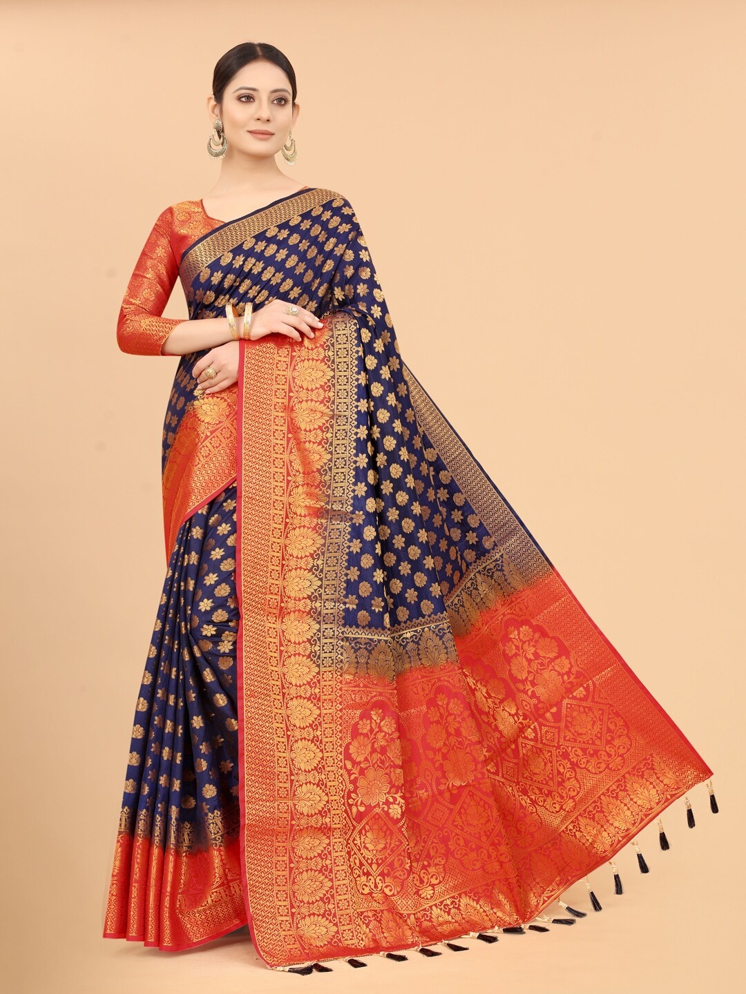 

FINE WEAR Navy Blue & Red Woven Design Zari Silk Cotton Banarasi Saree