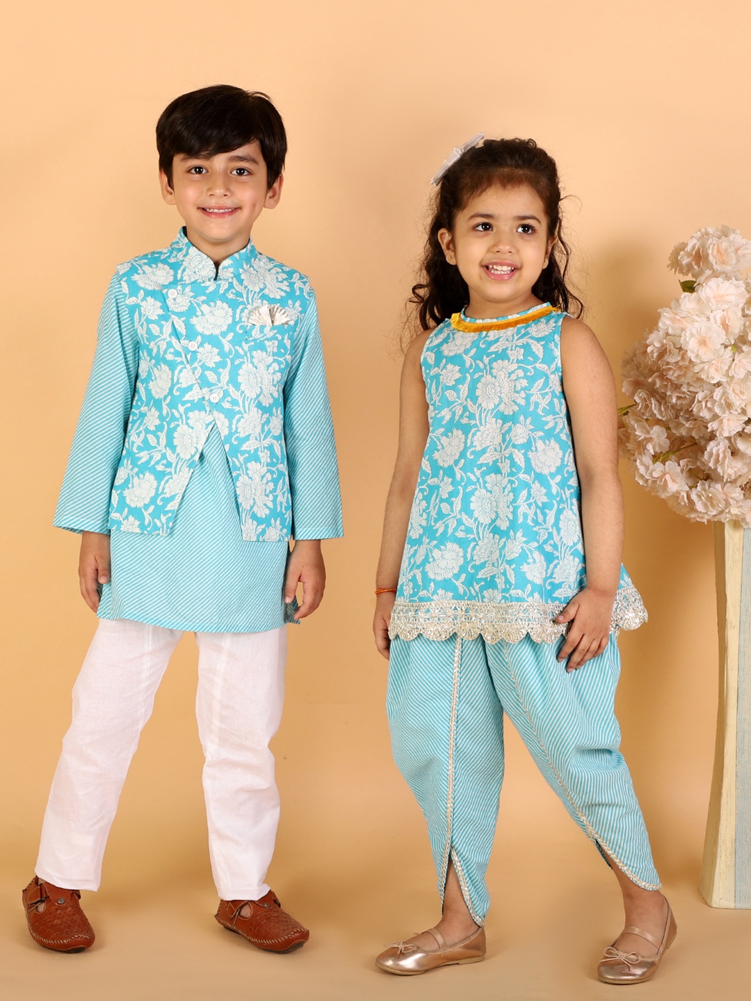 

LIL DRAMA Boys Blue Floral Printed Sequinned Pure Cotton Kurti with Skirt