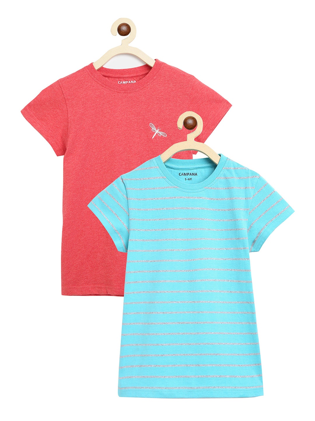 

Campana Girls Pack of 2 Turquoise Blue & Coral Orange Striped Cotton T-shirts