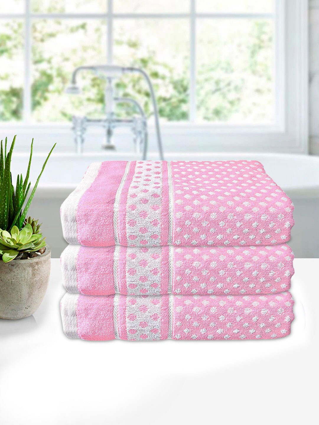 

Kuber Industries Set Of 3 Pink Cotton Bath Towels
