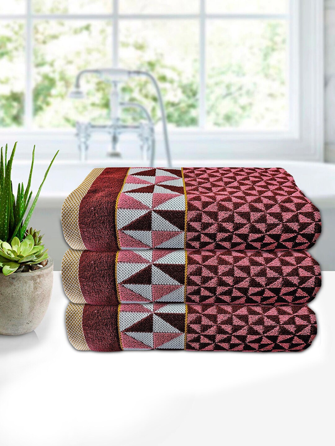 

Kuber Industries Pack Of 3 Maroon Printed Pure Cotton Bath Towels