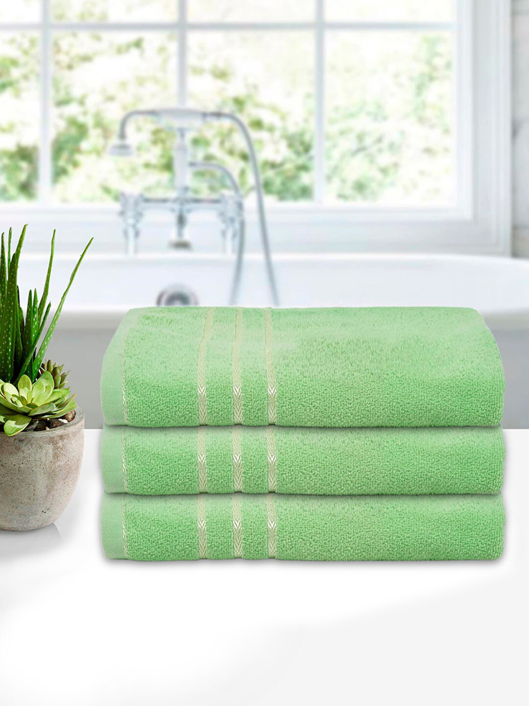 

Kuber Industries Unisex Kids Set Of 3 Green Solid 210 GSM Soft Cotton Bath Towels