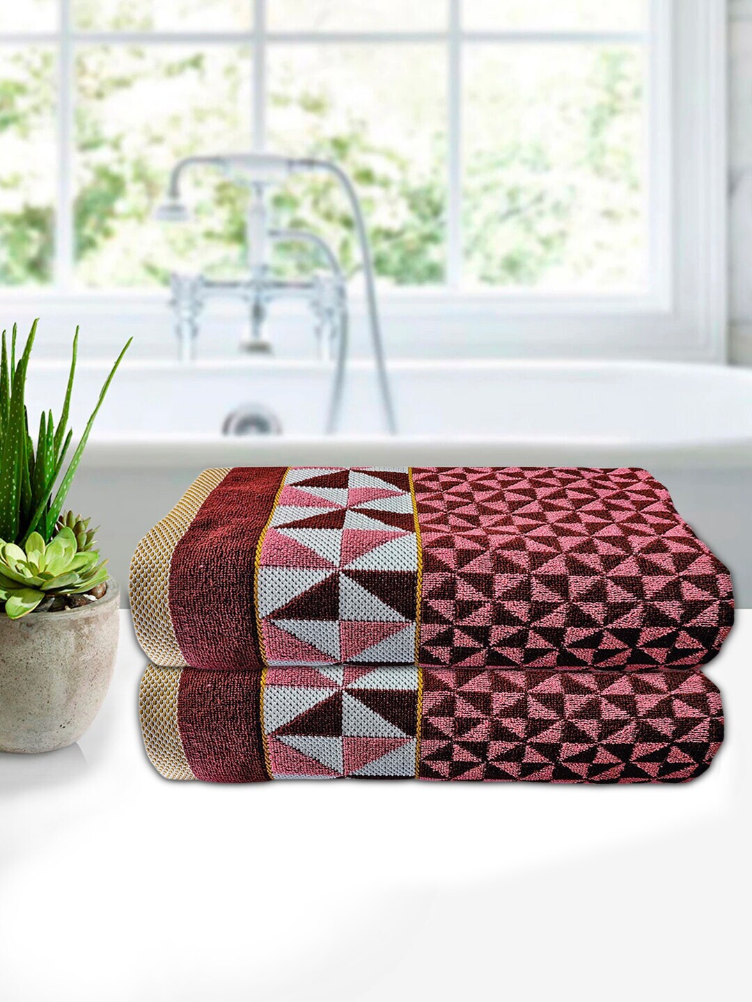 

Kuber Industries Unisex Set Of 2 Maroon Printed 400 GSM Cotton Bath Towels