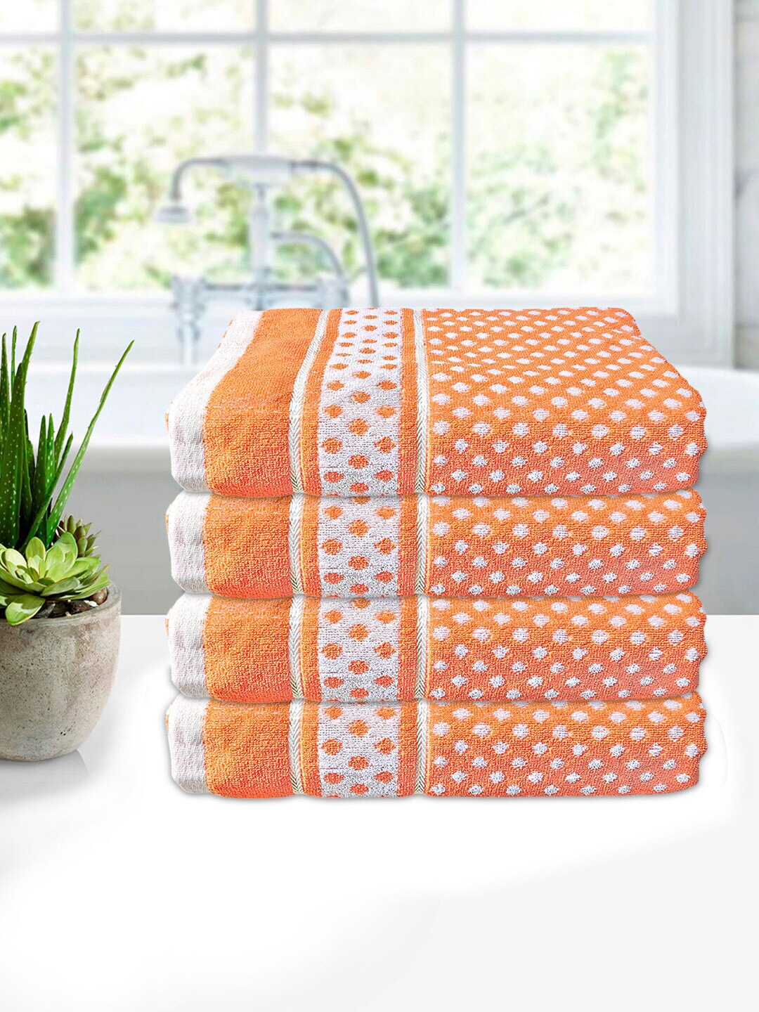 

Kuber Industries Set Of 4 Orange & White Printed 400GSM Pure Cotton Bath Towels