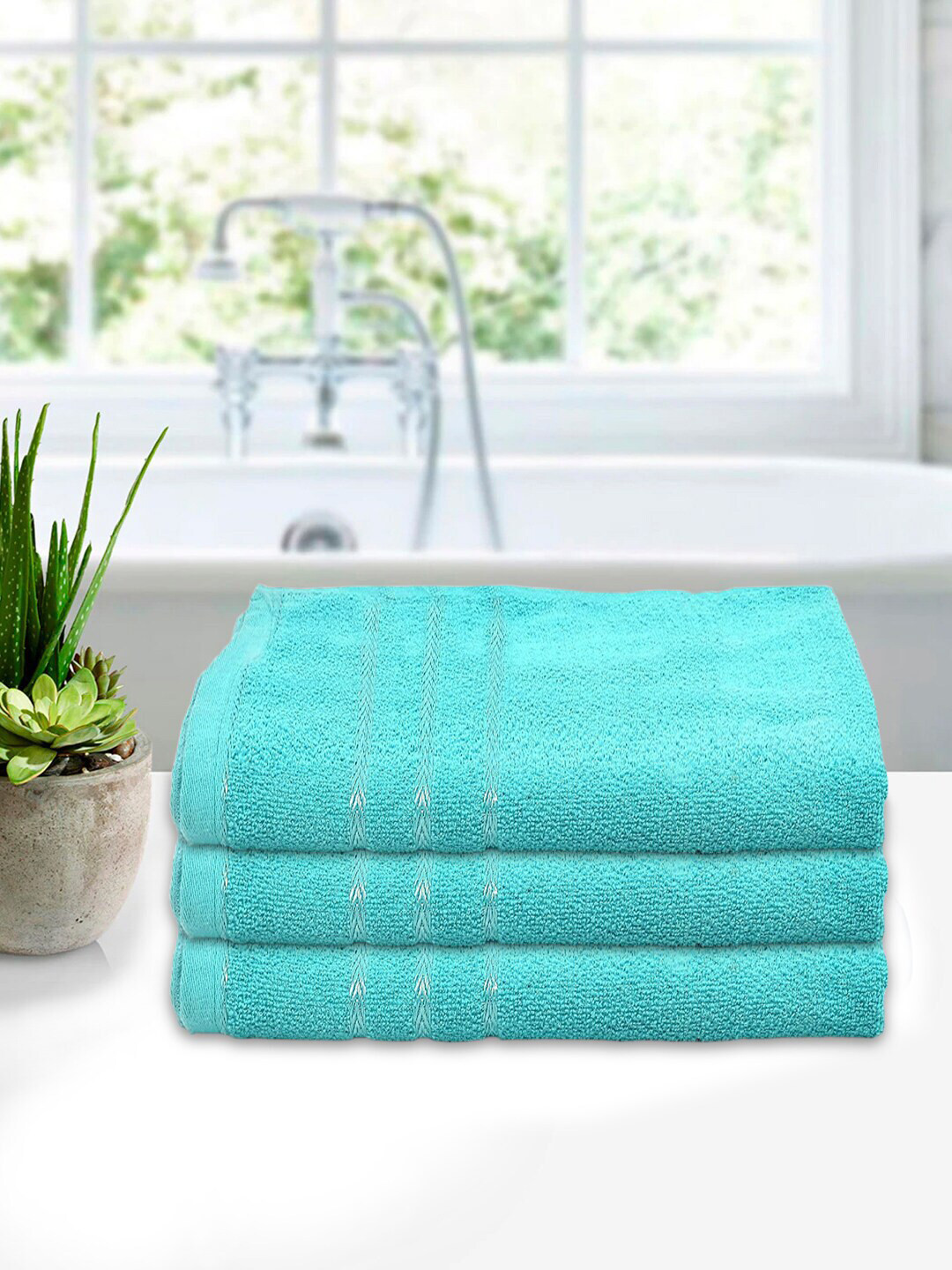 

Kuber Industries Pack Of 3 Blue Solid 210 GSM Pure Cotton Bath Towels