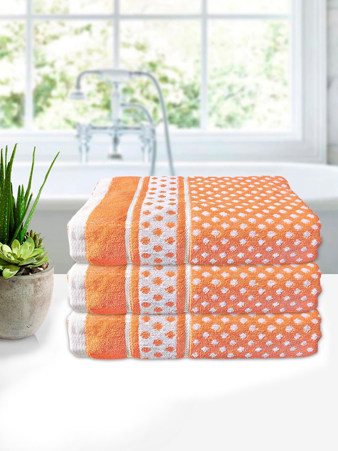 

Kuber Industries Set Of 3 Orange & White Printed 400TC Cotton Bath Towels