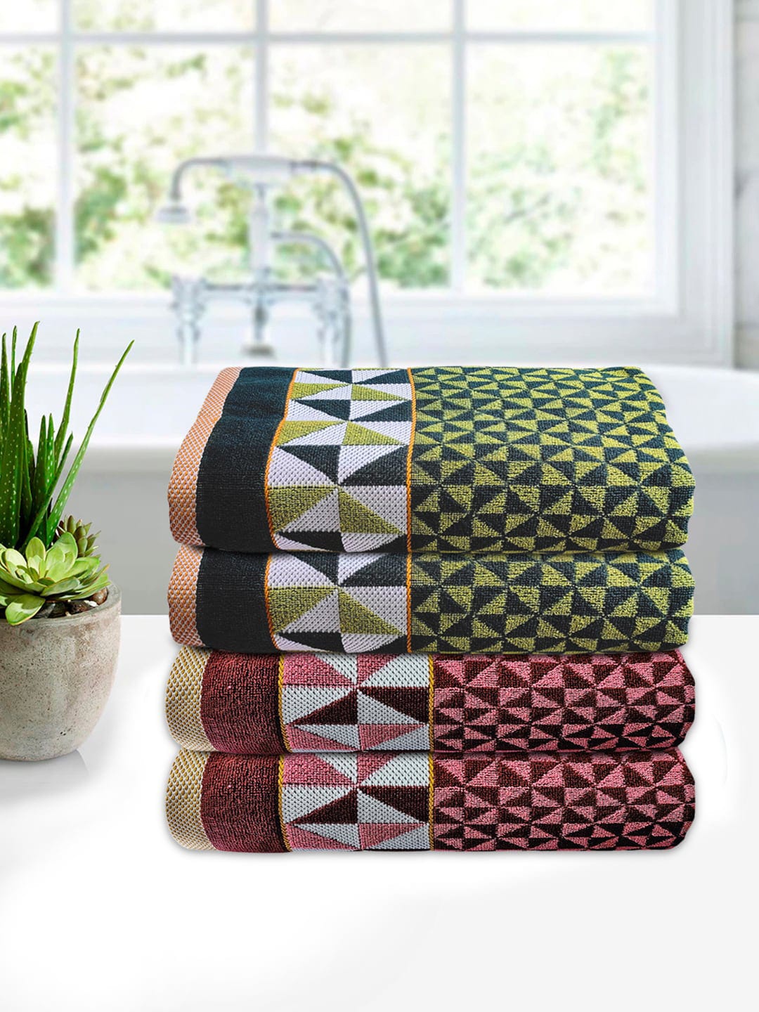 

Kuber Industries Set Of 4 Printed 400 GSM Pure Cotton Bath Towels, Green