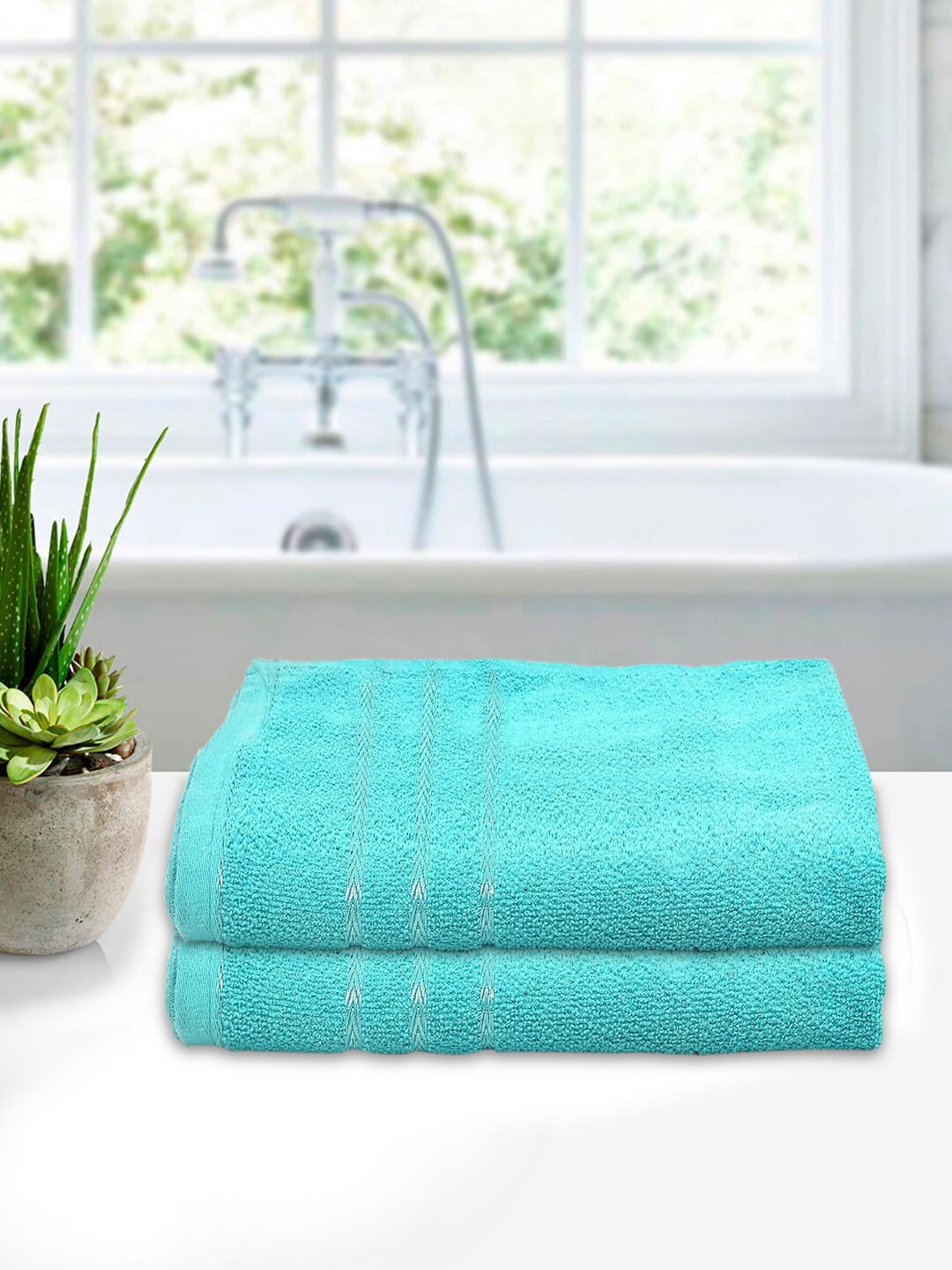 

Kuber Industries Set Of 2 Solid Blue 210GSM Cotton Bath Towels