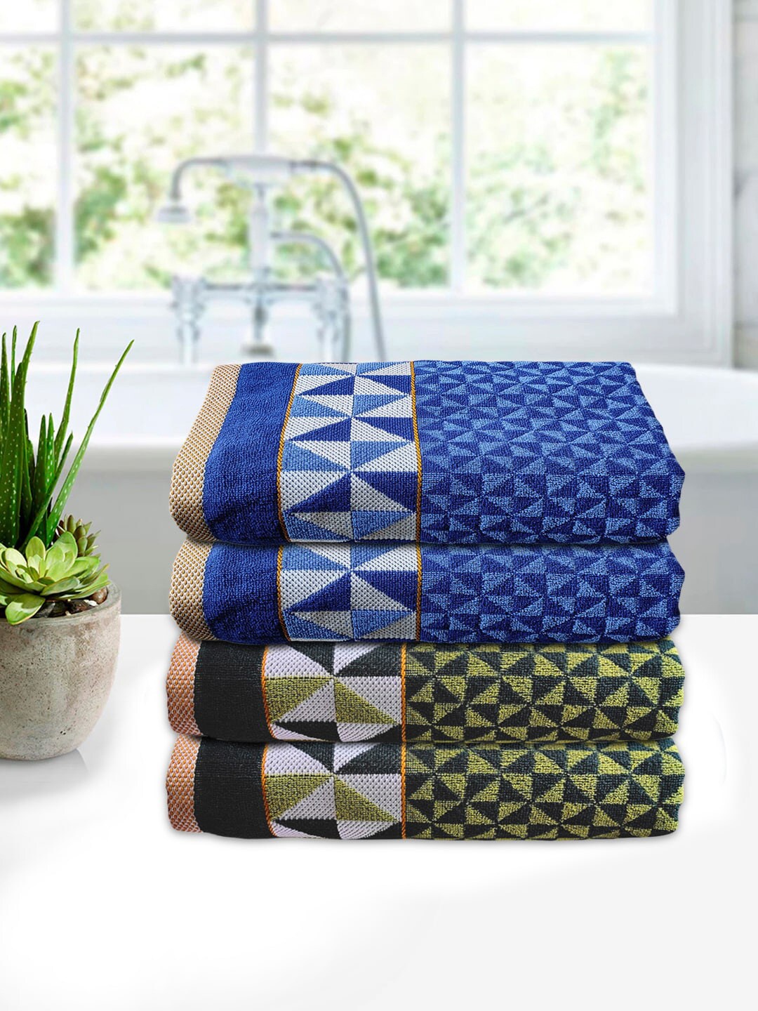 

Kuber Industries Set of 4 Green & Blue Printed 400 GSM Pure Cotton Bath Towels