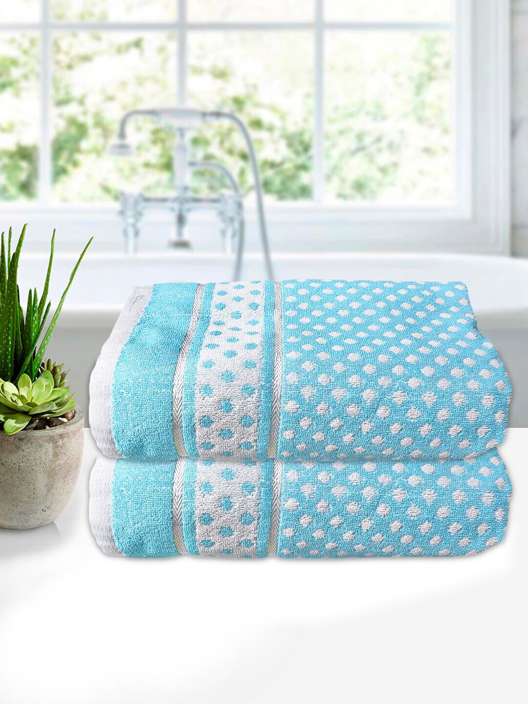 

Kuber Industries Unisex Set Of 2 Blue & White Printed 400 GSM Soft Cotton Bath Towels