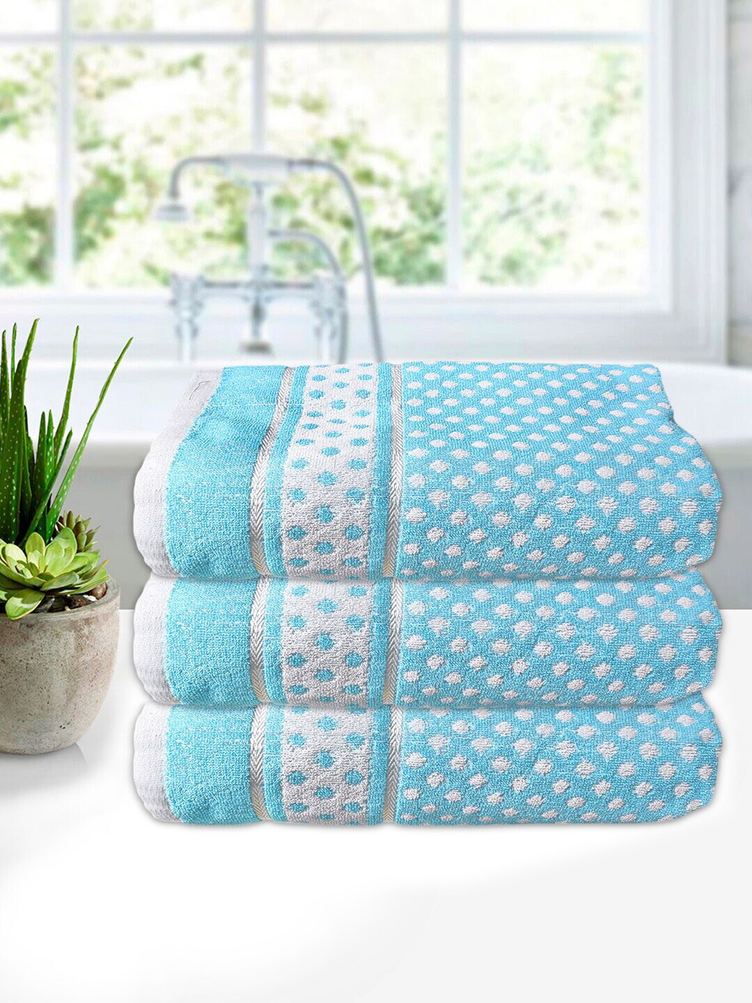 

Kuber Industries Unisex Set of 3 Blue & White Printed 400 GSM Soft Cotton Bath Towels