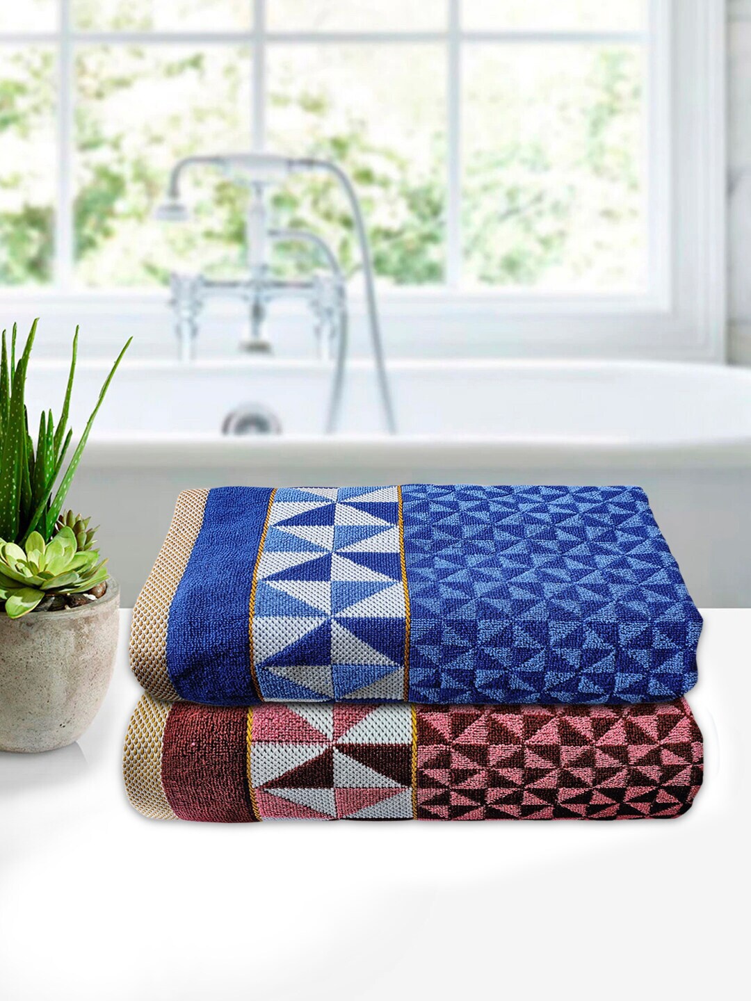 

Kuber Industries Set Of 2 Maroon & Blue Printed 400GSM Pure Cotton Bath Towel