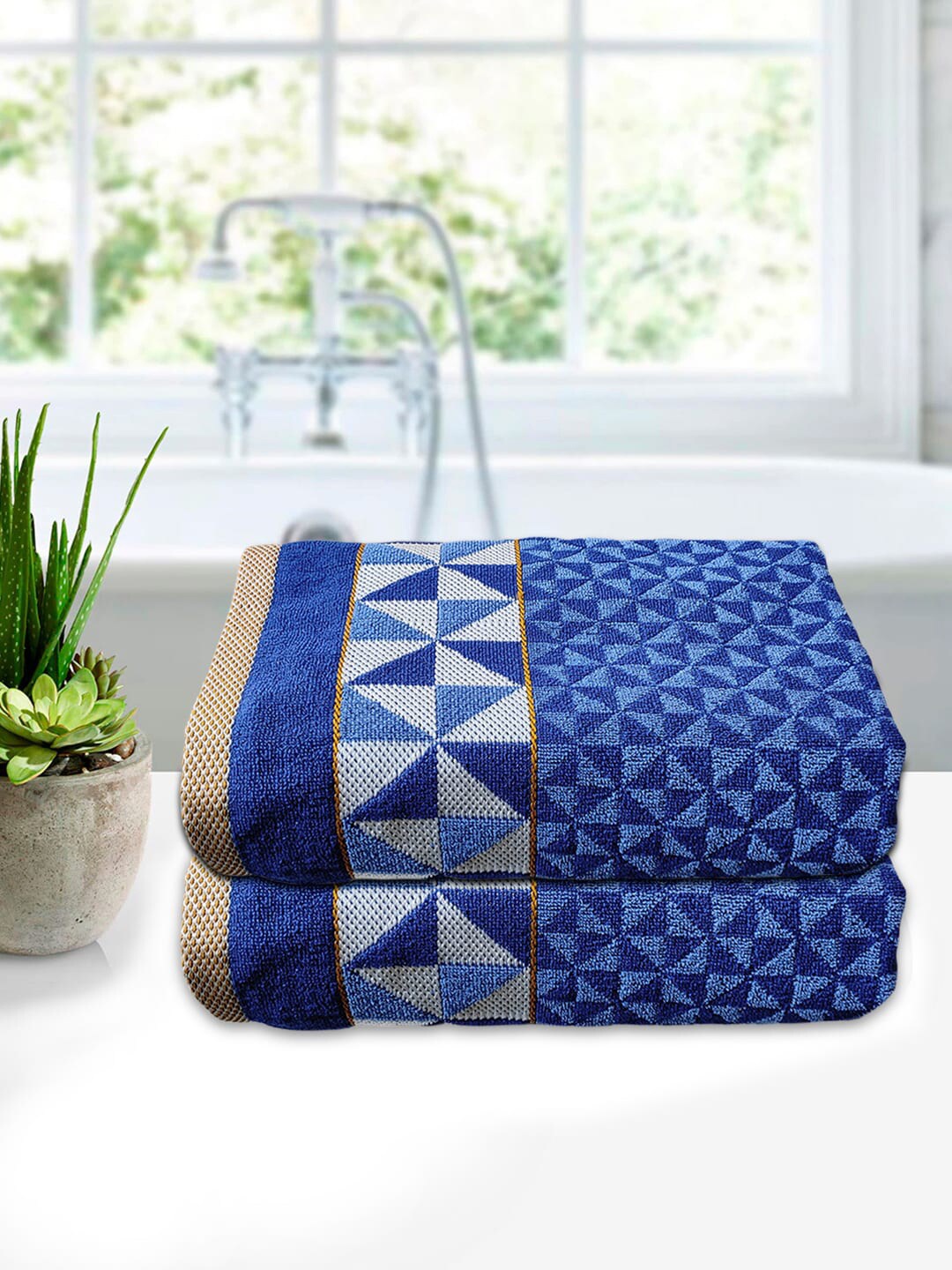 

Kuber Industries Set of 2 Blue & White Printed 400 GSM Pure Cotton Bath Towels