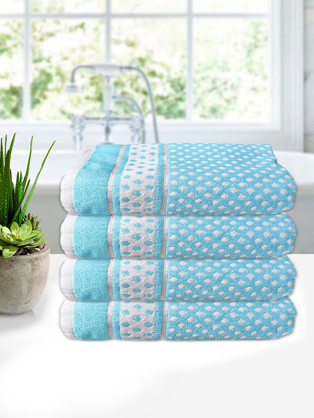 

Kuber Industries Set Of 4 Blue & White Printed 400GSM Pure Cotton Bath Towels