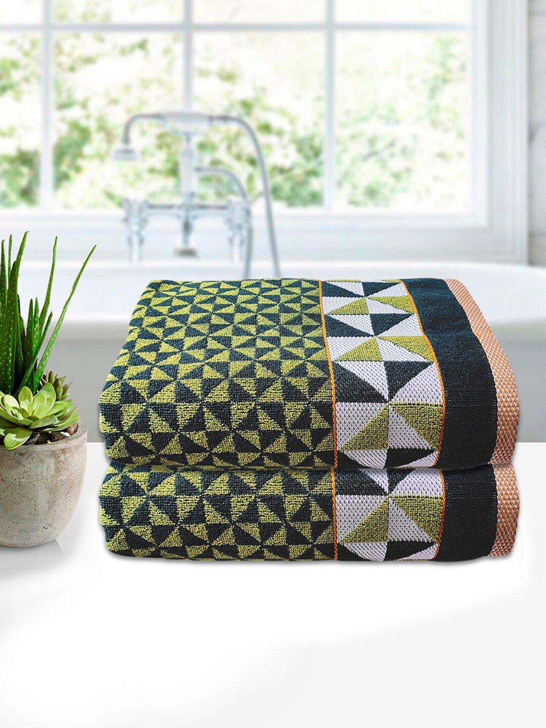 

Kuber Industries Set of 2 Green & White Printed 400 GSM Pure Cotton Bath Towels
