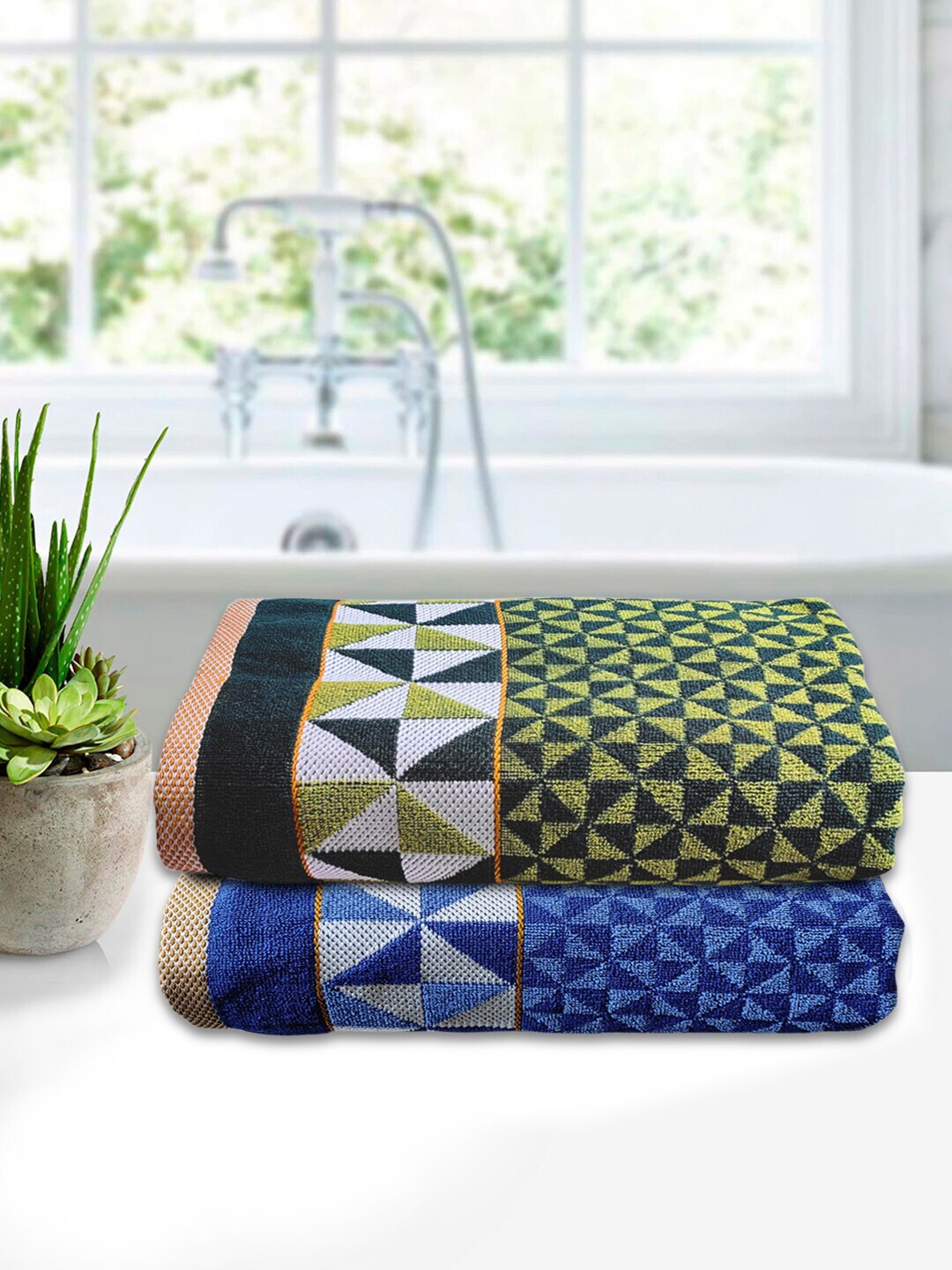 

Kuber Industries Set Of 2 Green & Blue Printed 400GSM Pure Cotton Bath Towels