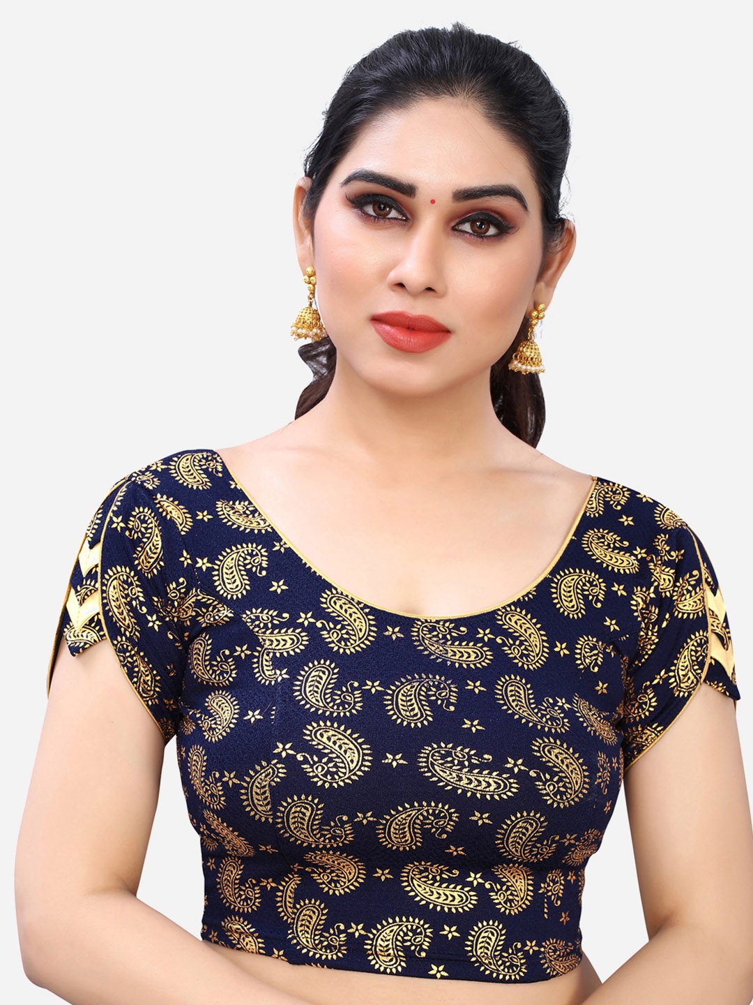 

SIRIL Women Navy Blue & Golden Foil Printed Saree Blouse