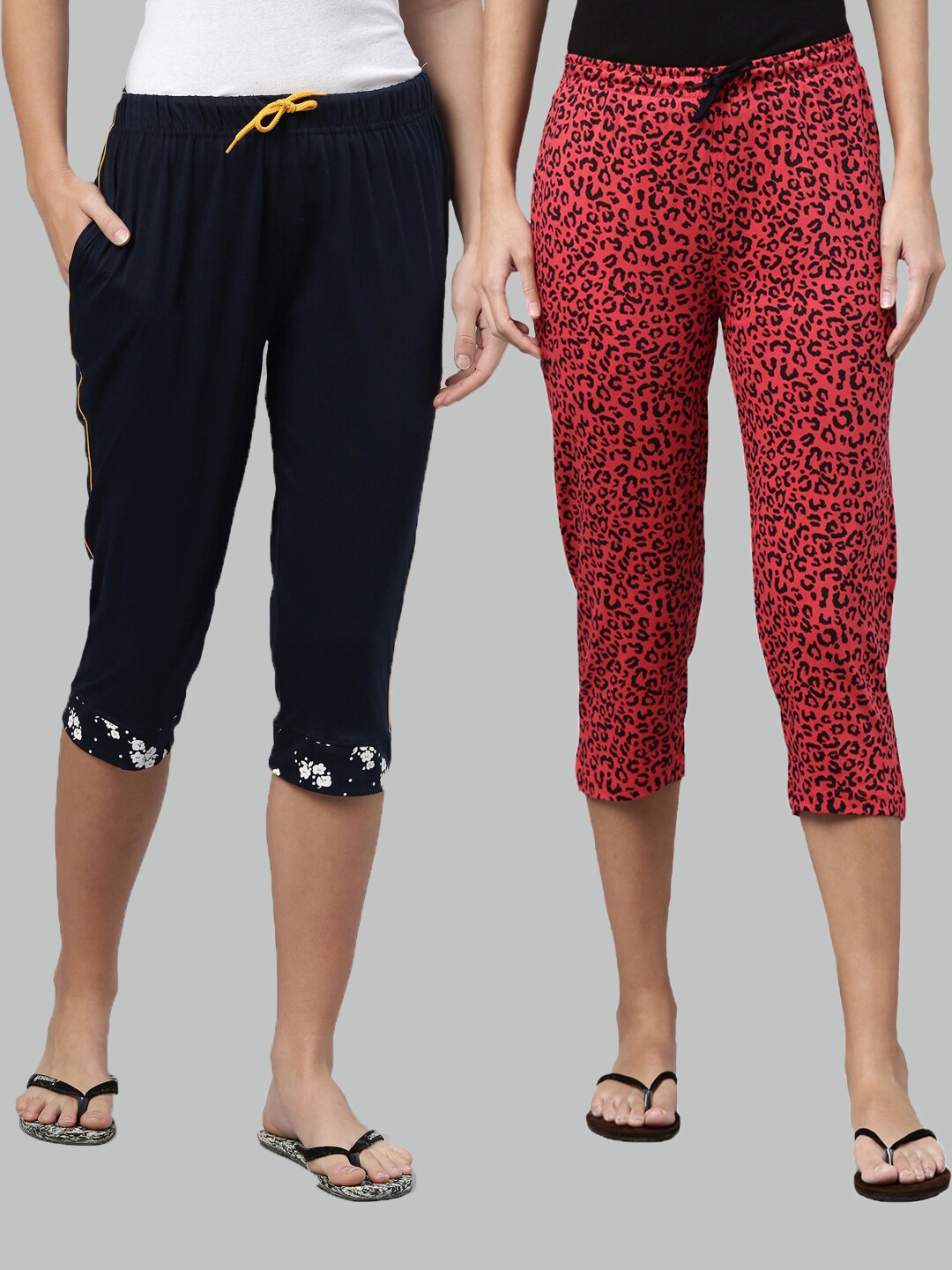 

Kryptic Women Pack Of 2 Printed Cotton Capris, Navy blue