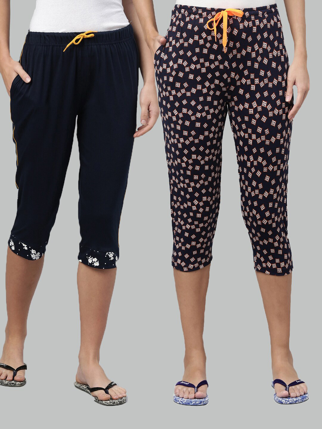 

Kryptic Women Pack of 2 Navy Blue & White Printed Cotton Capris