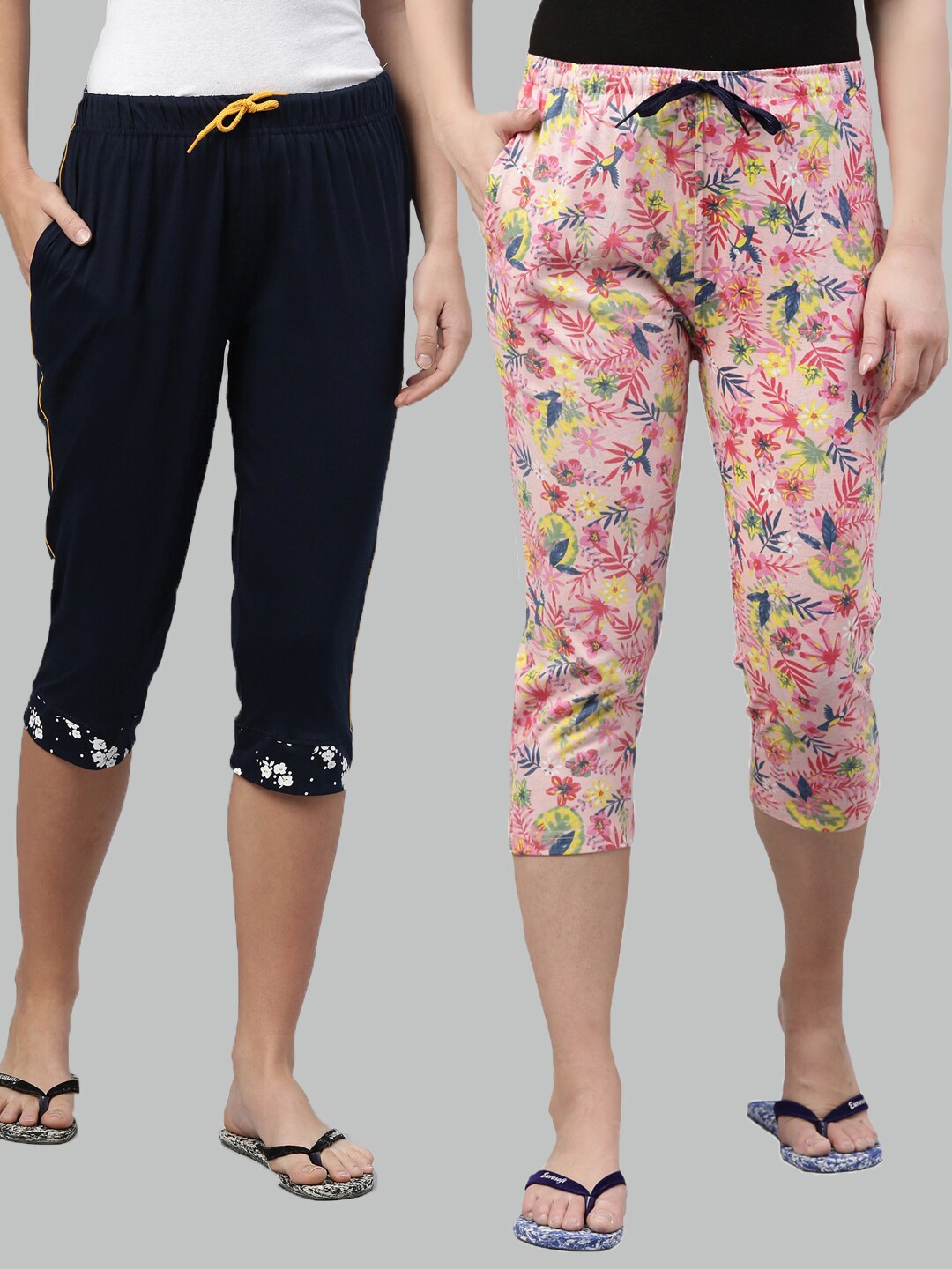 

Kryptic Women Pack of 2 Navy Blue & Pink Printed Cotton Capris