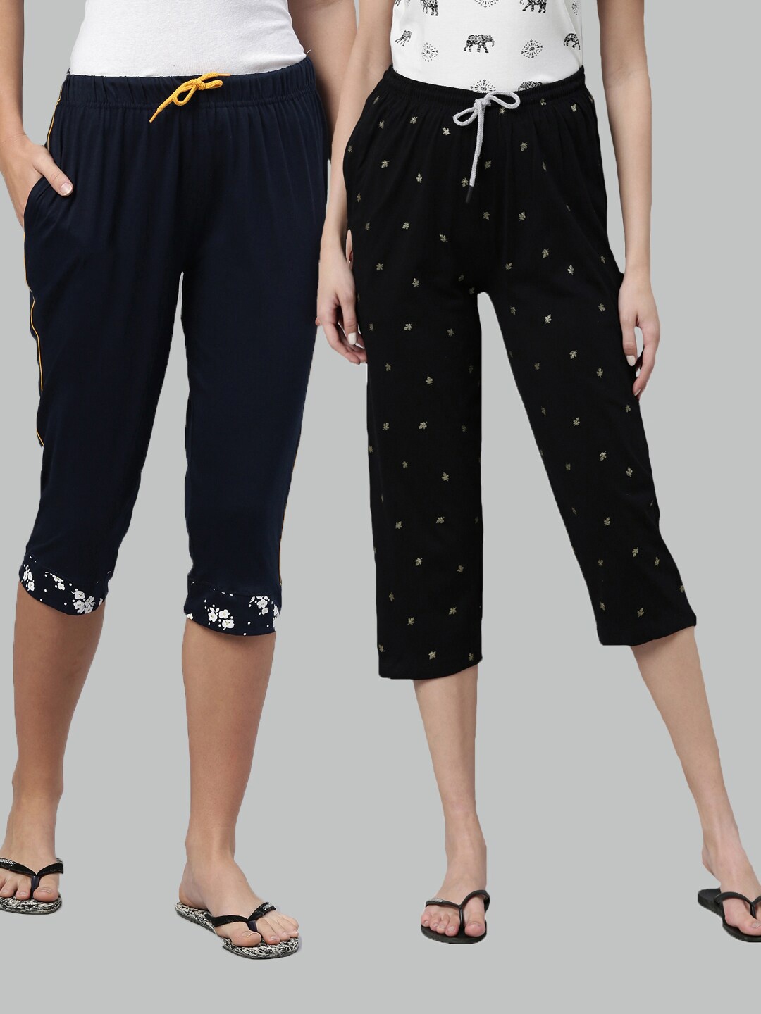

Kryptic Women Pack Of 2 Printed Cotton Capris, Navy blue